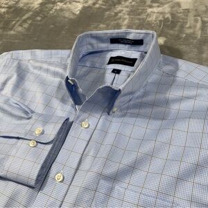 Allen Edmonds Mens Blue Wrinkle Free Single Needle Button Down Shirt XL Plaid